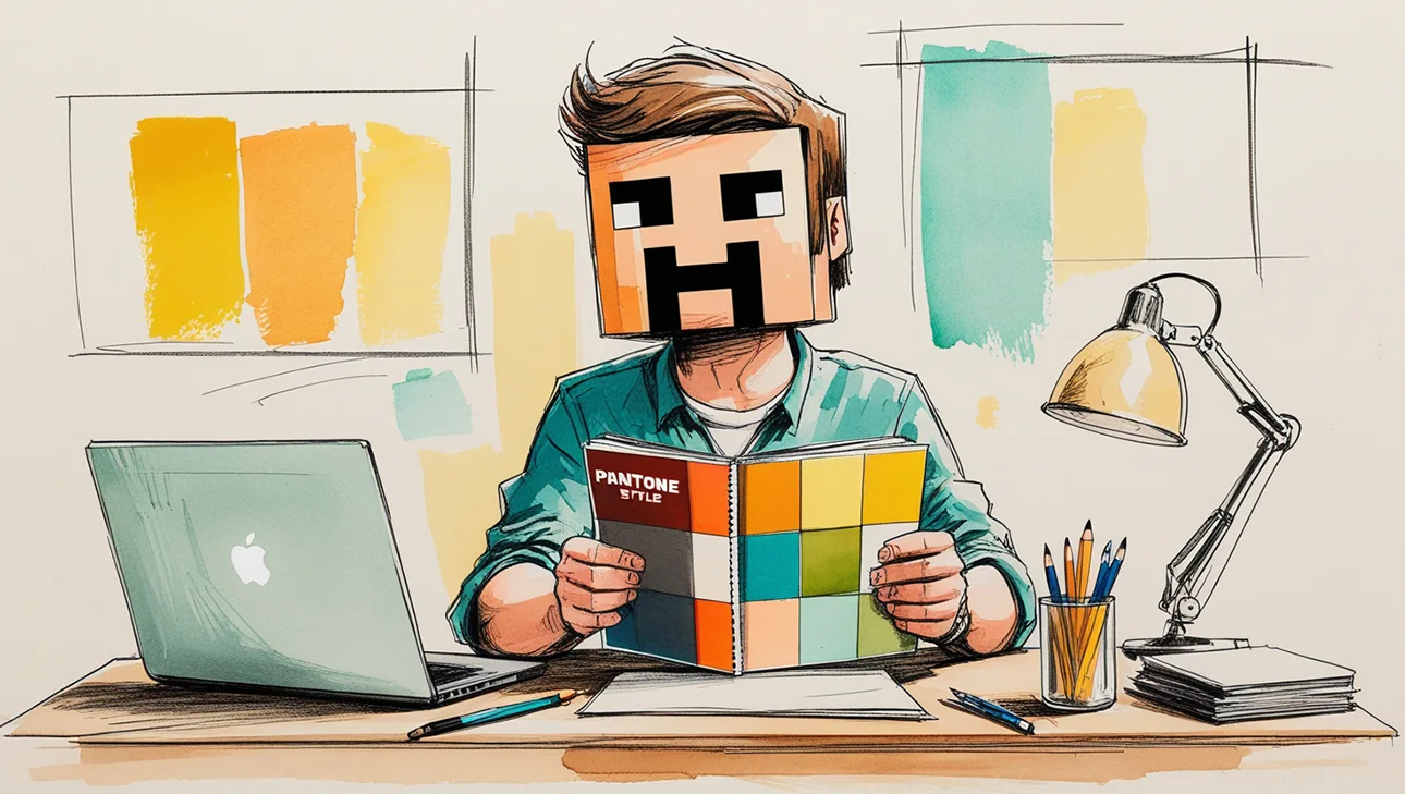 Ilustración estilo sketch acuarela de un diseñador gráfico en su mesa de trabajo, con expresión de sorpresa y cara pixelada tipo Minecraft, sujetando una pantonera en un entorno de estudio creativo.