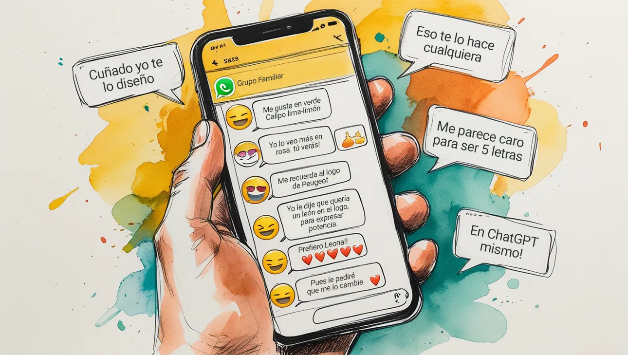 Ilustración estilo sketch acuarela de una mano sujetando un móvil con una conversación de grupo de WhatsApp familiar, llena de comentarios absurdos sobre diseño de marca como “me gusta en verde Calipo lima-limón” o “eso te lo hace cualquiera”, en tonos mostaza, naranja ocre y verde agua.