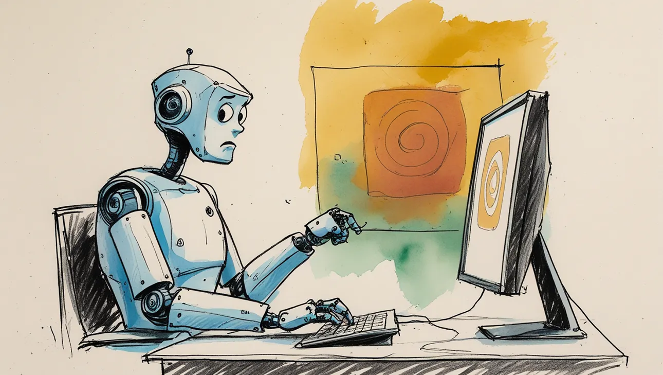 Ilustración estilo sketch acuarela de un robot sentado frente a una pantalla o lienzo en blanco, intentando crear una marca genérica sin éxito, con expresión de confusión, en tonos mostaza, verde agua y naranja ocre.