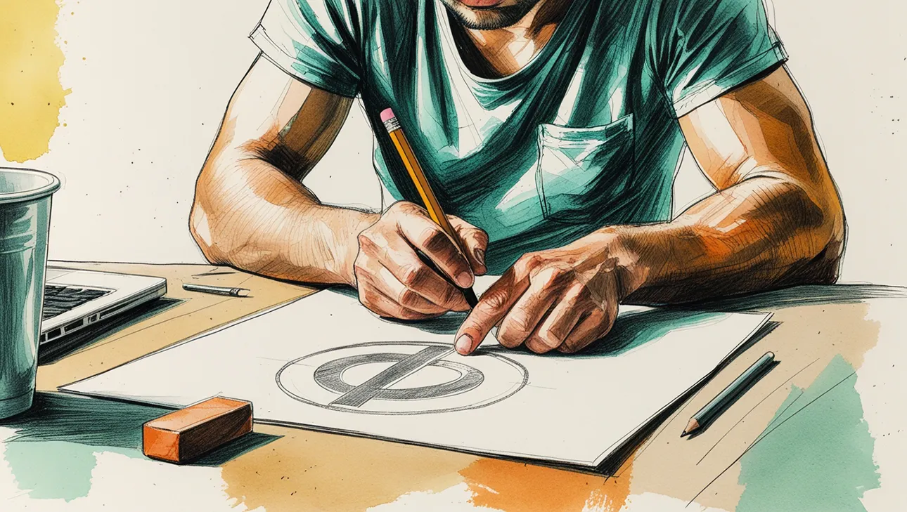 Ilustración estilo sketch acuarela de una mano humana dibujando un logotipo a lápiz sobre papel, con una goma de borrar y una taza de café cerca, en un entorno creativo y relajado, con brazo vestido con camiseta casual.