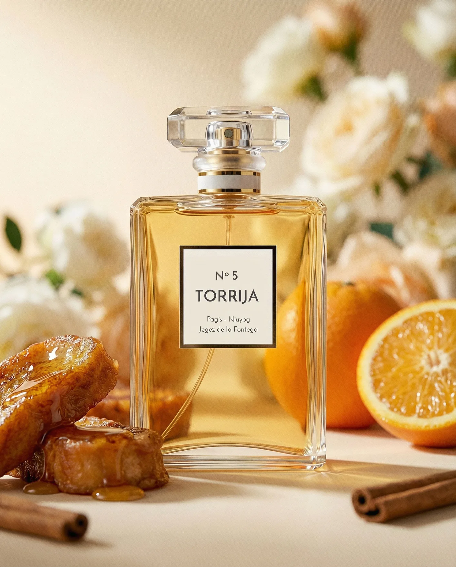 Bote de Torrija Nº 5 perfume con acento del sur en poster bodegón