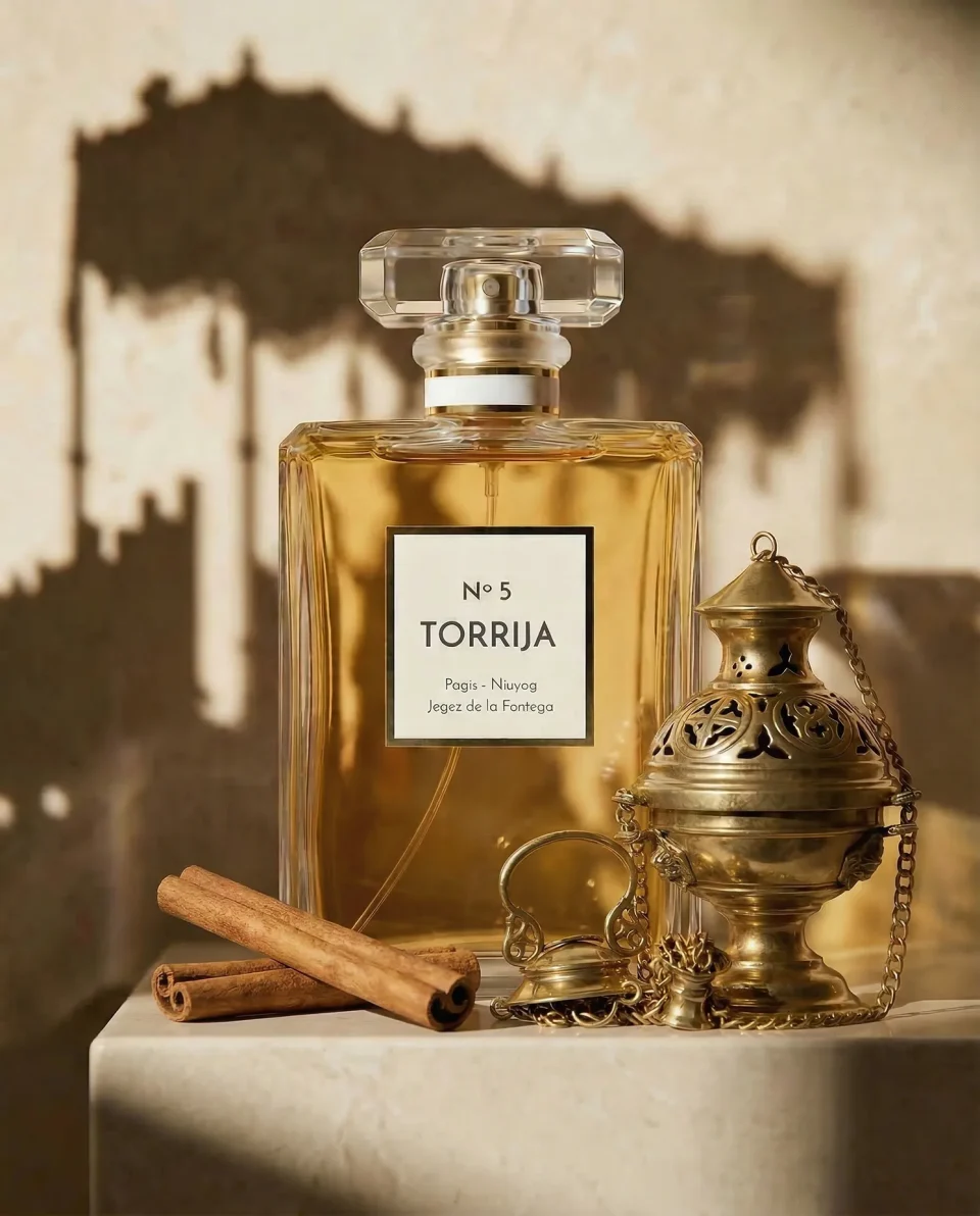 Bodegón premium de Torrija Nº5 con botafumeiro apagado y canela, estética de Semana Santa elegante