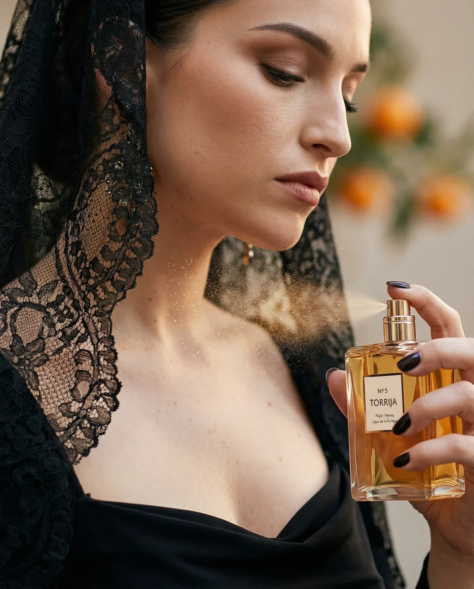 Frasco de Torrija Nº5 en composición de producto premium, luz cálida y estilo perfumería nicho