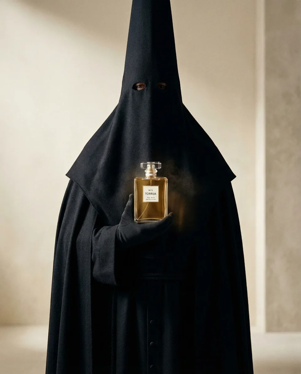 Nazareno de Semana Santa sosteniendo el perfume Torrija Nº5, retrato editorial con tono solemne