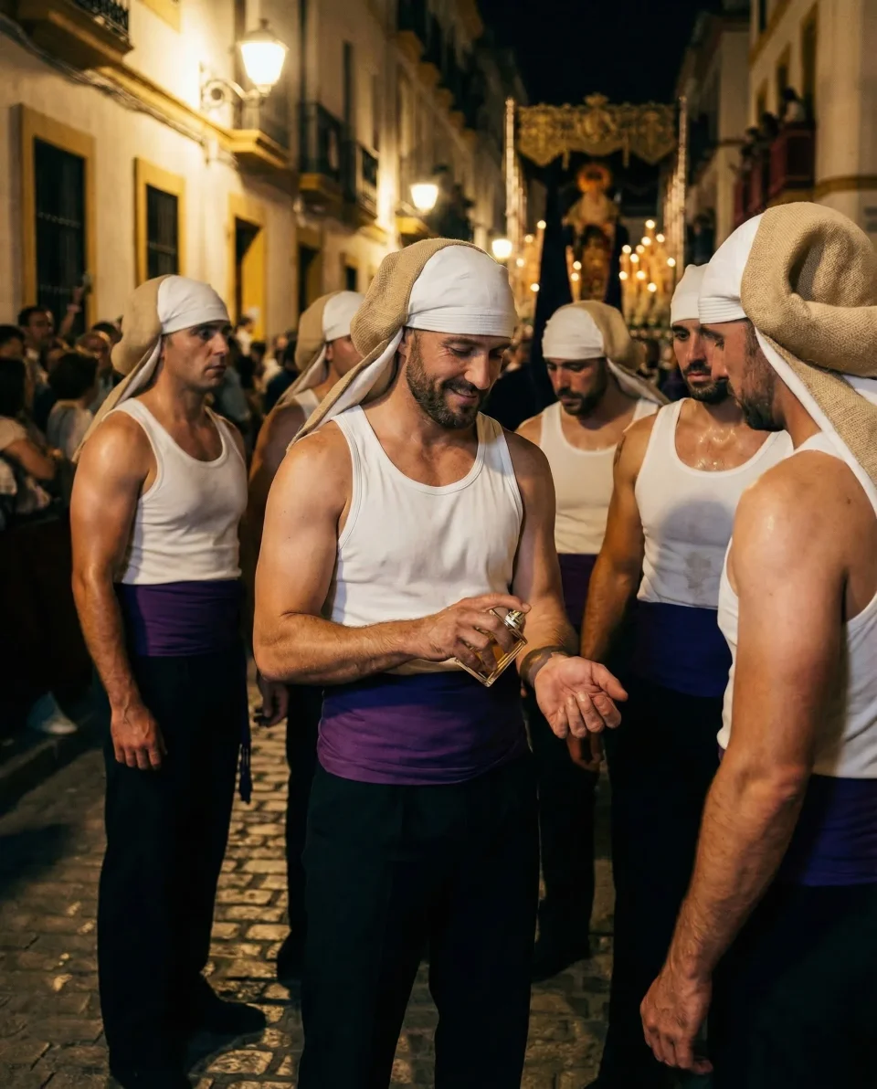 Costaleros de Semana Santa aplicando perfume en una calle nocturna, campaña Torrija Nº5