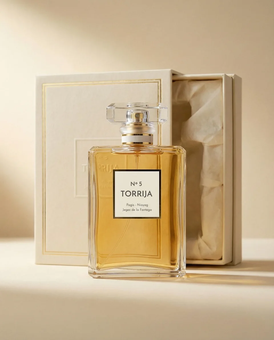 Perfume Torrija Nº5 frente a su caja crema con acabado dorado, fotografía de producto premium