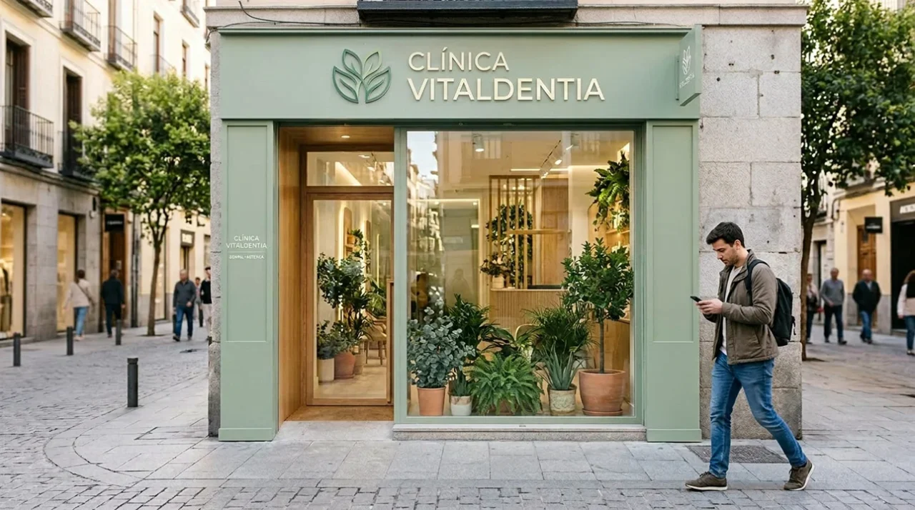 El nuevo consumidor camina mirando el móvil frente a una clínica dental con imagen verde y estética confusa
