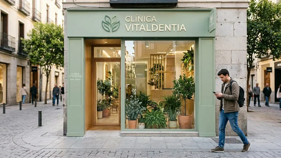 El nuevo consumidor camina mirando el móvil frente a una clínica dental con imagen verde y estética confusa