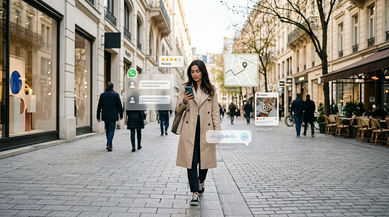 El nuevo consumidor mira el móvil en la calle mientras consulta reseñas, mapas y recomendaciones antes de elegir un negocio