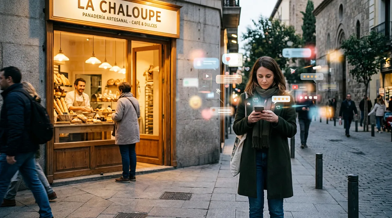 El nuevo consumidor mira el móvil rodeado de estímulos digitales mientras una marca cercana y humana intenta conectar en la calle